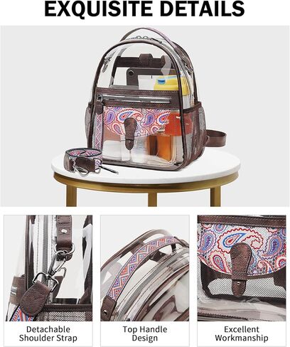 حقيبة ظهر صغيرة شفافة من FADEON للنساء، حقائب ظهر صغيرة، حقيبة شفافة مصممة على شكل حقيبة ظهر شفافة معتمدة من الاستاد باللون البني in Kuwait