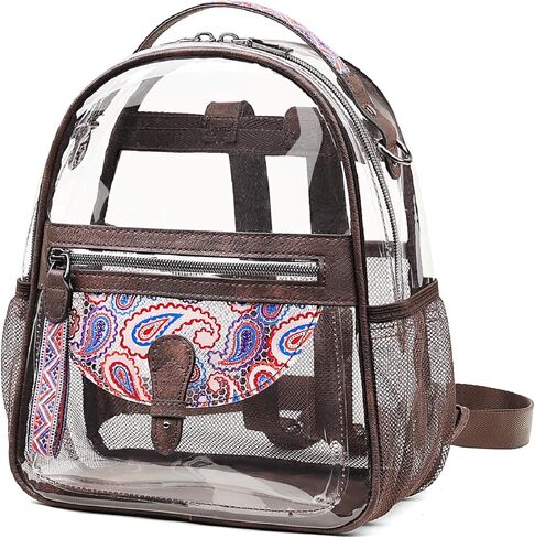 حقيبة ظهر صغيرة شفافة من FADEON للنساء، حقائب ظهر صغيرة، حقيبة شفافة مصممة على شكل حقيبة ظهر شفافة معتمدة من الاستاد باللون البني in Kuwait