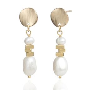 14K Gold Plated Cultured White Baroque Pearl Dangly Drop Earrings for Women Trendy