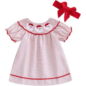Kayotuas Toddler Baby Girl Christmas Dress Santa Embroidery Smocked Collar Puff Sleeve Dresses Kids Christmas Outfit Clothes