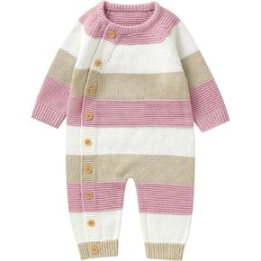 Yoawdats Toddler Baby Girl Boy Stripe Knit Sweater Romper Round Neck Long Sleeve Jumpsuit Fall Winter Warm Clothes