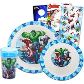 Avengers Dinnerware Set for Kids, Toddlers - 3 Pc Kitchen Accessories Bundle with Avengers Dinner Plate, Cup, Stickers, More | Avengers Flatware Set