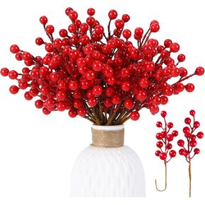 60 PCS Artificial Pine Branches Christmas Faux Pine Greenery Stems Red Holly Berries Fake Cedar Pine Needles Picks for Christmas Tree Wreath Garland DIY Crafts Holiday Home Decoration