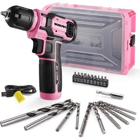 WORKPRO Pink Power Drill Set and Stackable Tool Box, 8V Cordless Drill Driver with Bit Set, 2.0Ah Electric Cordless Screwdriver Kit with 3/8" Keyless Chuck, Portable Drill for Home DIY- Pink Ribbon