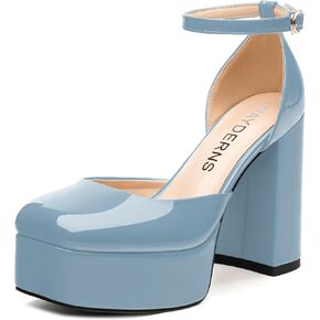 WAYDERNS Platform Heels for Women Block High Heel Closed Square Toe Ankle Strap 4.3 Inch Pumps Fashion Party Dress Shoes