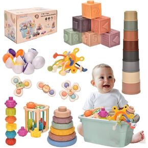 Montessori Toys for 1 Year Old,Baby Toys 6-12 Months,Stacking Building Blocks & Soft Infant Teething Toys & Matching Eggs for Toddlers 0-3-6-9-12 Months,Baby Boys&Girls Gifts(7 in 1)