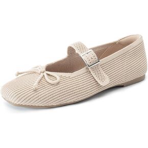 Women's Square Toe Flats Bowknot Mary Jane Ballet Flats Washable Knit Shoes with Adjustable Straps Comfortable Office Flats for Women