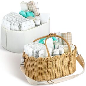 Baby Diaper Caddy Organizer Crafted Scalloped Rattan Basket with Shoulder Strap Luxurious Diaper Caddy Basket 2 Pcs Detachable Compartments Included for Baby Shower Gifts Newborn
