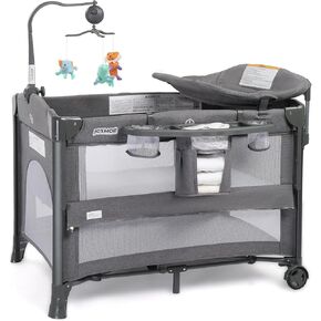 JOYMOR 5 in 1 Baby Bassinet with Changing Table, Besdide Sleeper Portable Pack and Play with Mattress and Sheet, Toy, Wheels & Brake, Carry Bag for for Boys Girls
