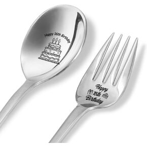 XQLZY 2 Pcs Happy 16th Birthday Spoon and Fork Set, 16th Birthday Gifts for Boys and Girls, Happy 16th Birthday Gifts, Birthday Gifts for Son Daughter Girl Boy Sister Brother Friends