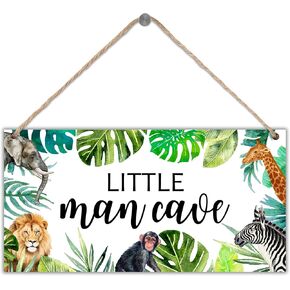 Safari Jungle Baby Nursery Decor, Little Man Cave Hanging Wall Decor for Baby Room, Safari Animal Themed Nursery Wall Art, Jungle Safari Decor for Baby Boys - 12 x 6 In