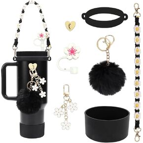 Stanley Cup Accessories Set, 1 Pcs Water Bottle Handle Strap, 1 Pcs Siliocne Stanley Cup Boot, 1Pcs Flower Stanley Straw Cover,4 Pcs Stanley Charms for Stanley Cup 40 30 oz Tumbler (Blue（update）)