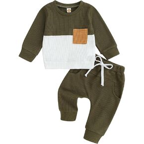 NZNDSHD Toddler Baby Boy Fall Clothes Waffle Knit Contrast Color Outfits Long Sleeve Sweatshirt Tops Pockets Pants Set