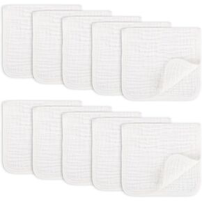 Muslin Burp Cloths Set for Babies 100% Cotton Baby Washcloths, Large 20''x10'' Extra Absorbent and Soft 10 Pack for Boys & Girls White