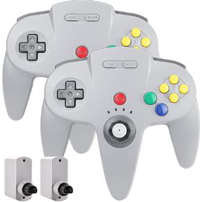 SAFFUN (2 Pack) 2.4 GHz Wireless N64 Controller, N64 Receiver, Compatible with N64 Console - (Rechargeable) (Plug and Play) (Built-in Rumble) - Gray