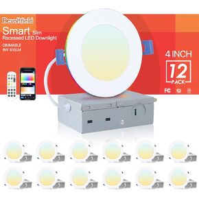 4Pack Smart Led Recessed Light 6Inch,RGB Ultra-Thin Canless Recessed Downlight,2.4GHz Wi-Fi Bluetooth Direct Connect,2700K-6500K,12W,1080LM,Work with App/Alexa/Google Assistant/Siri,Include 1 Gateway