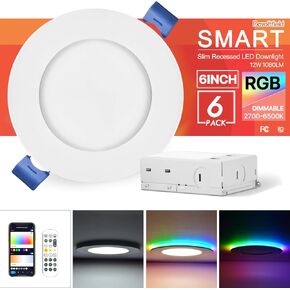 4Pack Smart Led Recessed Light 6Inch,RGB Ultra-Thin Canless Recessed Downlight,2.4GHz Wi-Fi Bluetooth Direct Connect,2700K-6500K,12W,1080LM,Work with App/Alexa/Google Assistant/Siri,Include 1 Gateway in Saudi Arabia