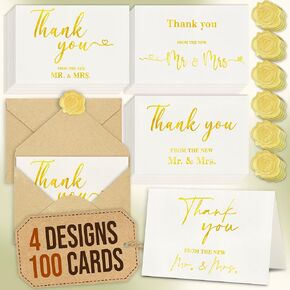 100 Pcs Wedding Thank You Cards With Envelopes - Thank You Wedding Cards Bulk, Thank You From The New Mr And Mrs Cards, 100 Pack Gold Foil Bridal Thank You Note Cards And Envelopes Set