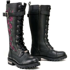 Milwaukee Leather Women's Black Leather 14-Inch Knee High Tall Motorcycle Boots Lace-Up w/Embroidery MBL9356 MBL9357