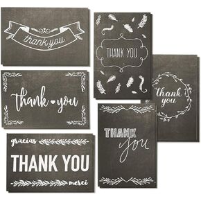 Best Paper Greetings 144-Count Thank You Cards with Envelopes, Blank 6 Assorted Bulk Notes Black and White Chalkboard Designs for Graduation Baby and Bridal Shower Birthday Wedding Party, 4 x 6 inches