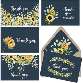 Gooji 4x6 Sunflower Thank You Cards (Bulk 20-Pack) Navy Blue Envelopes