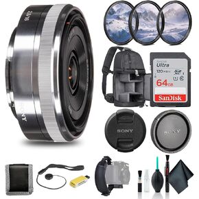Sony E 16mm f/2.8 Lens Silver SEL16F28, Filter Kit, Backpack, 64GB Card, Card Reader, Flex Tripod, Memory Card Wallet, Cap Keeper, Cleaning Kit, Hand Strap, and More
