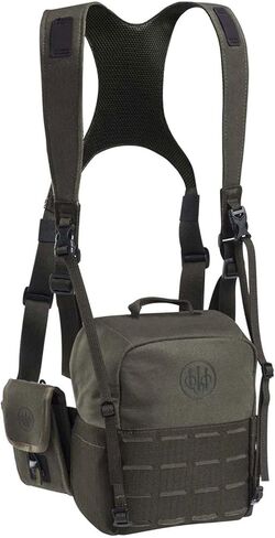 حزام بيريتا المعياري ثنائي العينين - حزمة الصدر الآمنة والمتينة للصيد في الهواء الطلق والمشي لمسافات طويلة والرماية مع ألواح MOLLE مقطوعة بالليزر وجيب محدد المدى | يحمل مناظير مقاس 10×42 و8×56، باللون الأخضر الطحلب in Kuwait