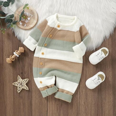 Yoawdats Toddler Baby Girl Boy Stripe Knit Sweater Romper Round Neck Long Sleeve Jumpsuit Fall Winter Warm Clothes in Kuwait