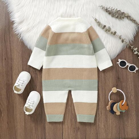 Yoawdats Toddler Baby Girl Boy Stripe Knit Sweater Romper Round Neck Long Sleeve Jumpsuit Fall Winter Warm Clothes in Kuwait