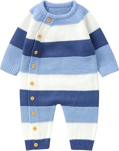 Yoawdats Toddler Baby Girl Boy Stripe Knit Sweater Romper Round Neck Long Sleeve Jumpsuit Fall Winter Warm Clothes in Kuwait