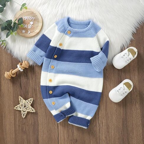 Yoawdats Toddler Baby Girl Boy Stripe Knit Sweater Romper Round Neck Long Sleeve Jumpsuit Fall Winter Warm Clothes in Kuwait