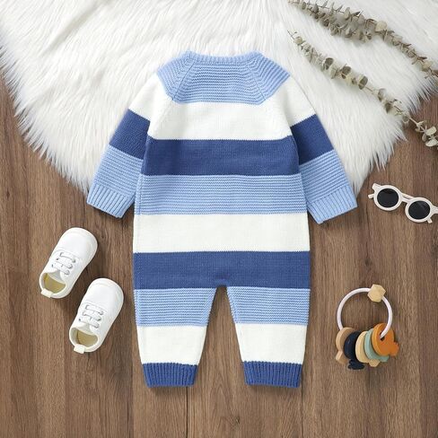 Yoawdats Toddler Baby Girl Boy Stripe Knit Sweater Romper Round Neck Long Sleeve Jumpsuit Fall Winter Warm Clothes in Kuwait