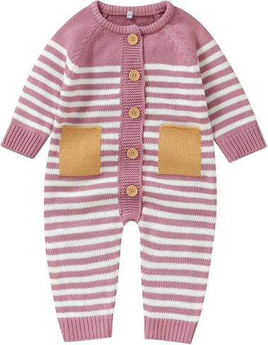 Yoawdats Toddler Baby Girl Boy Stripe Knit Sweater Romper Round Neck Long Sleeve Jumpsuit Fall Winter Warm Clothes in Kuwait