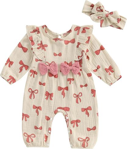 NZNDSHD Newborn Baby Girl Romper Long Sleeve Jumpsuit Cute Bow Print One Piece Clothes Fall Winter Outfit with Headband in Saudi Arabia
