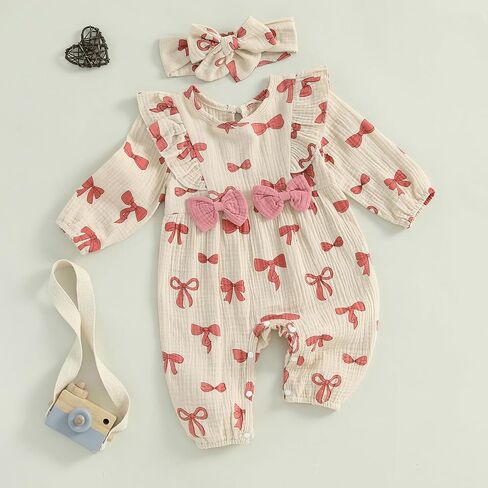 NZNDSHD Newborn Baby Girl Romper Long Sleeve Jumpsuit Cute Bow Print One Piece Clothes Fall Winter Outfit with Headband in Saudi Arabia