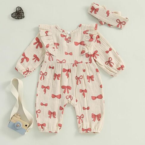 NZNDSHD Newborn Baby Girl Romper Long Sleeve Jumpsuit Cute Bow Print One Piece Clothes Fall Winter Outfit with Headband in Saudi Arabia