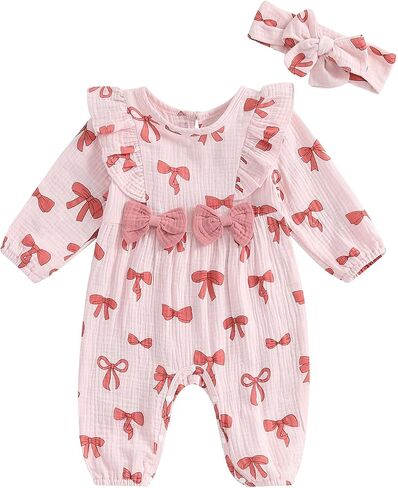 NZNDSHD Newborn Baby Girl Romper Long Sleeve Jumpsuit Cute Bow Print One Piece Clothes Fall Winter Outfit with Headband in Saudi Arabia