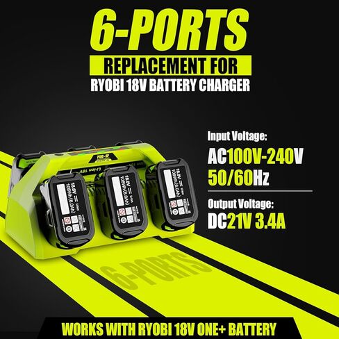 شاحن سريع بديل بـ 6 منافذ لمحطة شاحن بطارية Ryobi 18 فولت، شاحن تسلسلي متوافق مع بطارية Ryobi ONE+ 18V P102 P104 P105 P106 P108 P107 P109 لأدوات Ryobi الكهربائية in Kuwait