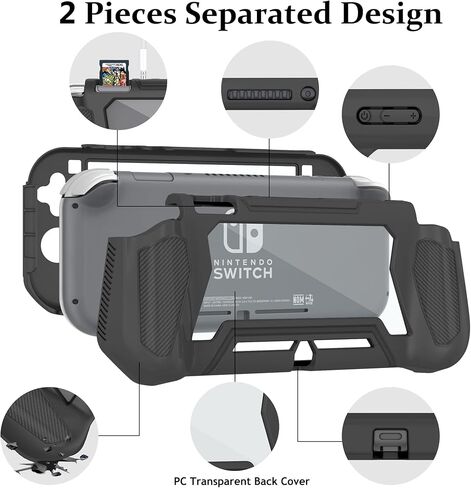 Switch Lite Case Protective Case for Nintendo Switch Lite, Case Compatible with Nintendo Switch Lite Hand Grip Case with Detachable TPU+Built-in PC Screen Protector & 2 x Thumb Grip Caps (Obsidian) in Saudi Arabia