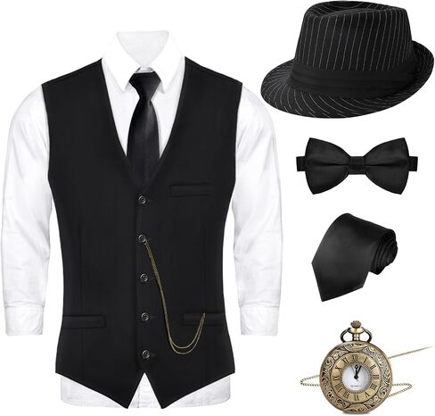 ZITURI 1920s Mens Costume-Roaring 20s Costumes for Men Great Gatsby Vest Fedora Hat Pocket Watch Bow Tie and Tie in Saudi Arabia