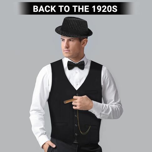ZITURI 1920s Mens Costume-Roaring 20s Costumes for Men Great Gatsby Vest Fedora Hat Pocket Watch Bow Tie and Tie in Saudi Arabia