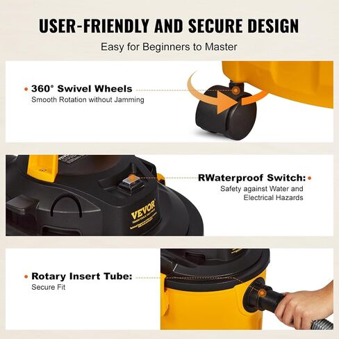 VEVOR Shop Vacuum Wet and Dry, 5 Gallon 6 Peak HP Wet/Dry Vac, Powerful Suction with Blower Function with Attachments 2-in-1 Crevice Nozzle, Small Shop Vac Perfect for Carpet Debris, Pet Hair, Car in Saudi Arabia
