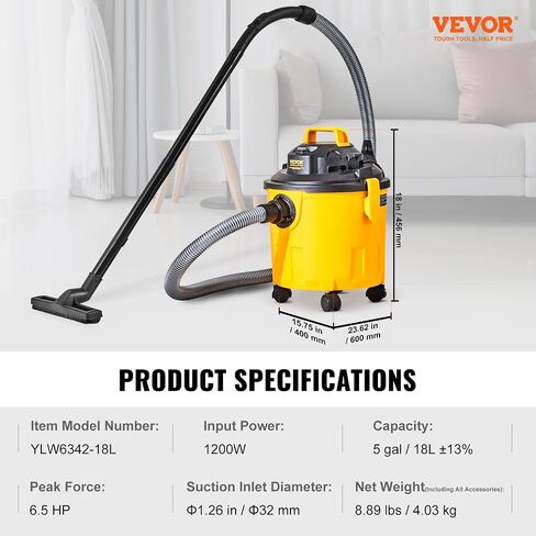 VEVOR Shop Vacuum Wet and Dry, 5 Gallon 6 Peak HP Wet/Dry Vac, Powerful Suction with Blower Function with Attachments 2-in-1 Crevice Nozzle, Small Shop Vac Perfect for Carpet Debris, Pet Hair, Car in Saudi Arabia