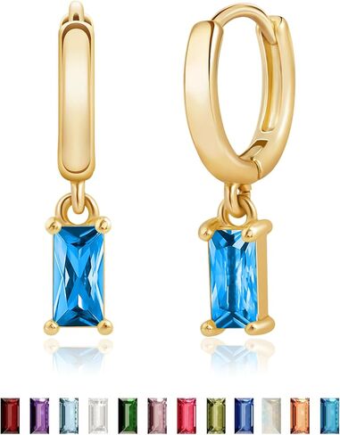 Dainty Birthstone Earrings for Women Girls - 18K Gold Plated Huggie Hoop Earring with Rectangular Gemstone Drop Dangle - Birthstone Jewelry Gifts for Wedding Birthday Everyday Wear in Kuwait