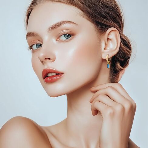 Dainty Birthstone Earrings for Women Girls - 18K Gold Plated Huggie Hoop Earring with Rectangular Gemstone Drop Dangle - Birthstone Jewelry Gifts for Wedding Birthday Everyday Wear in Kuwait