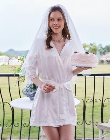 Ekouaer رداء نسائي من الساتان مثير من الدانتيل ملابس نوم حريرية لوصيفة العروس ملابس نوم كيمونو 3/4 كم ملابس نوم in Kuwait