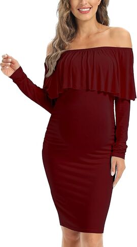 Long Sleeve Ruffle Off Shoulder Maternity Dress Fall Sleeveless Bodycon Dress for Baby Shower in Saudi Arabia
