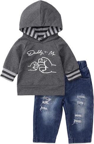 Toddler Baby Boy Clothes Long Sleeve Letter Hoodies Top+Ripped Denim Pants 2pcs Fall Winter Outfit Sets in Saudi Arabia
