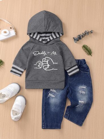 Toddler Baby Boy Clothes Long Sleeve Letter Hoodies Top+Ripped Denim Pants 2pcs Fall Winter Outfit Sets in Saudi Arabia
