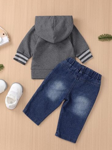 Toddler Baby Boy Clothes Long Sleeve Letter Hoodies Top+Ripped Denim Pants 2pcs Fall Winter Outfit Sets in Saudi Arabia